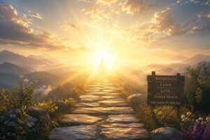 Spiritual pathway toward divine light representing awareness, faith, love, inner peace and higher purpose